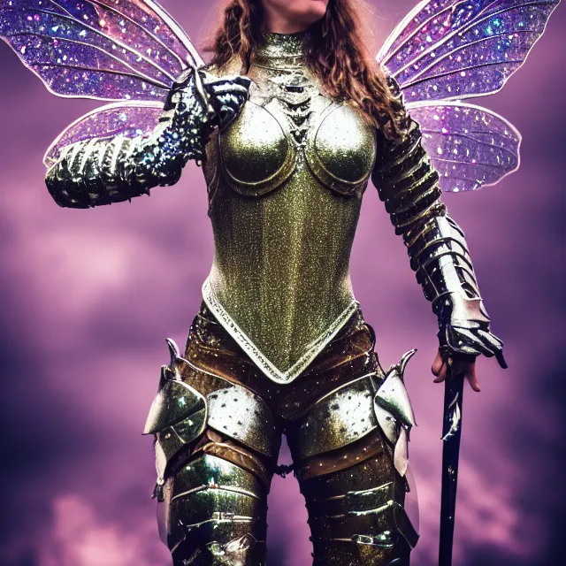 Image similar to full length photo of a fairy warrior wearing sparkly armour, highly detailed, 4 k, hdr, smooth, sharp focus, high resolution, award - winning photo