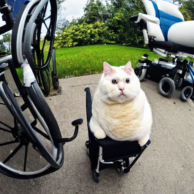 Image similar to fisheye view of super fat annoyed cat sitting in a wheelchair
