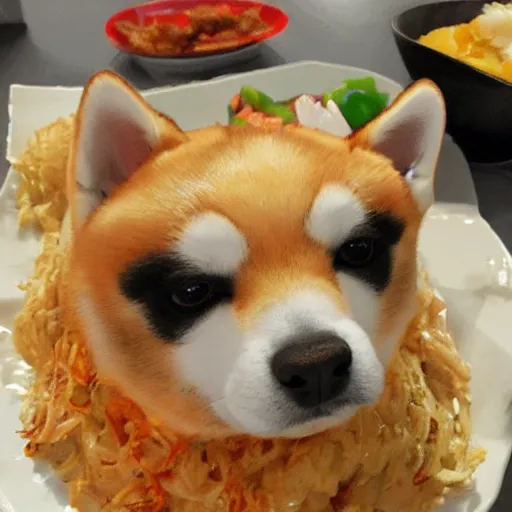 Image similar to a photo of a shiba inu made out of okonomiyaki