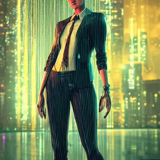 Image similar to cinematic, cartoon women portrait made out of rain, pinstripe suit, short hair, cyberpunk background, rendered in octane, unreal engine, highly detailed, trending on artstation, realistic, neon, beautiful