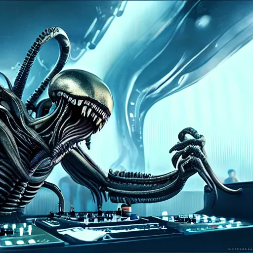 Prompt: Concept art of Xenomorph playing DJ in Tomorrowland. Lots of humans in landscape. Intricate. Elegant details. 4K