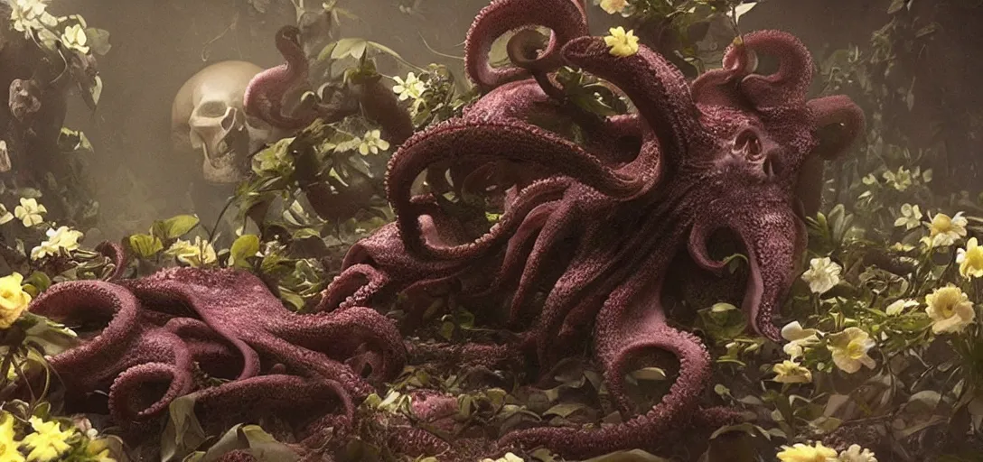 Prompt: an octopus in the shape of a skull surrounded by flowers at midnight, ffoggy!, cinematic shot, photo still from movie by denis villeneuve, wayne barlowe