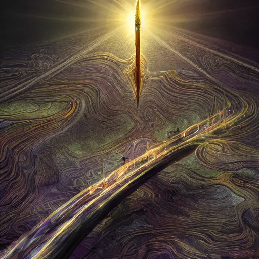 Image similar to mysterious birth of the sceptre reality verge of controversial bridge, in the style of terese nielsen, steve argyle, intricate, cinematic, dramatic lighting, 8 k resolution