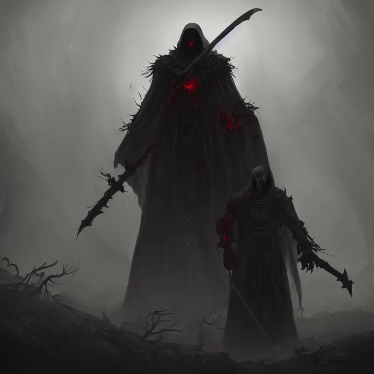 Image similar to grim reaper, demons of hell, haunted spooky foggy graveyard, headshot photo, character concept, dark souls concept art, Feng Zhu concept art, dramatic lighting, highly stylized, trending on artstation, high-quality wallpaper, desktopography