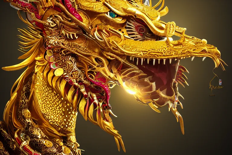 Image similar to cinematic closeup portrait of a golden chinese dragon intricately decorated with colorful jewels, bokeh, sunlit, godrays, detailed textures, dramatic lighting, unreal engine, cgsociety, artstation, 4k
