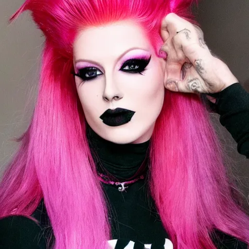 Image similar to photo of jeffree star in the 2 0 0 0 s with pink red hair holding makeup