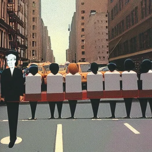 Image similar to wide-shot low-angle photo of empty!!! animated clothes (((heads))) walking down the street in New York, polaroid photo, by Andy Warhol, by Rene Magritte