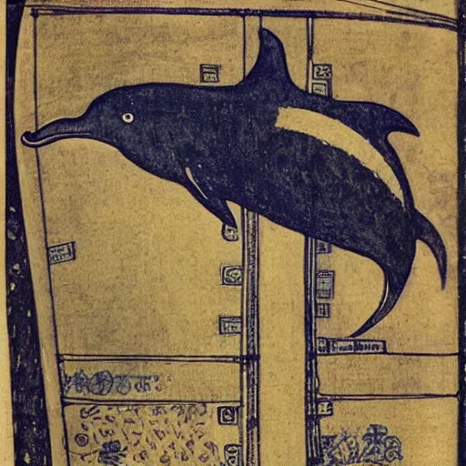 Prompt: a dolphin leaps out from a magic book, by Margaret Macdonald Mackintosh
