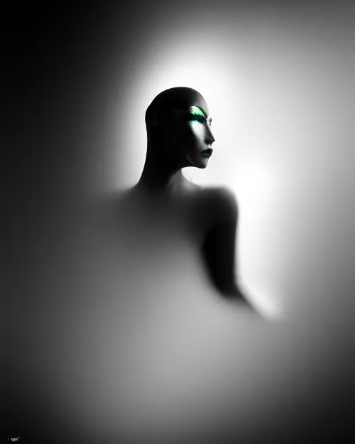 Image similar to black and white high quality photo of a female AI-queen-dragon-meshes-cyborg looking into a sci-fi mirror, volumetric lighting, brutalism, foggy, dreamy, hyperdetailed, bokeh, photorealistic, cinematic, masterpiece, elegant, dark, by Man Ray in the style of Horst P. Horst, octane render, 8K,