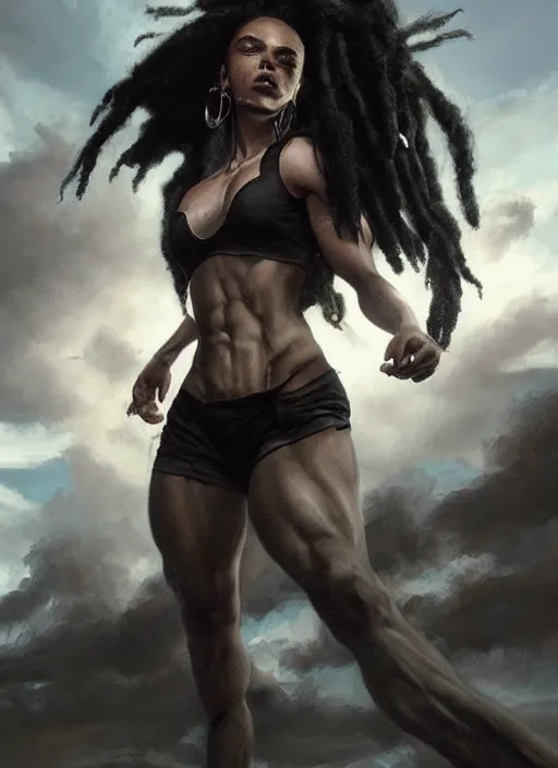 Prompt: girl with pale white skin and black dreadlocks, muscular upper body, beautiful highly detailed face, complementary lighting, backlit, black eyeshadow, dark eyes, adventure, dramatic lighting, landscape background, beautiful painting by artgerm and greg rutkowski and raymond swanland