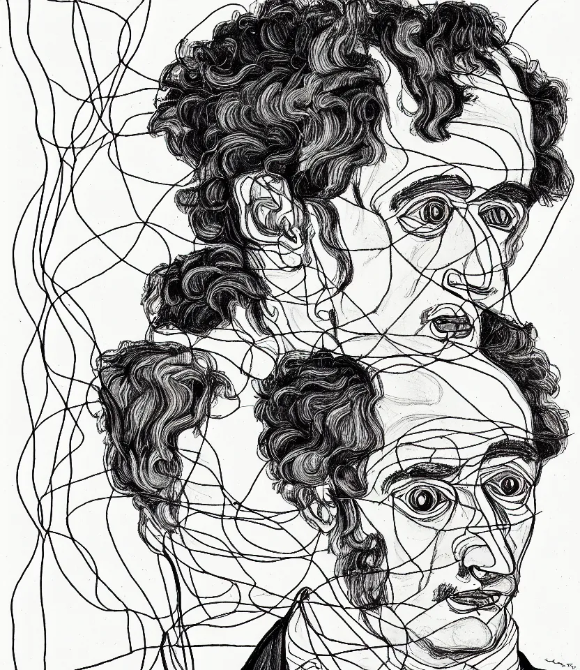 Image similar to detailed line art portrait of charles baudelaire, inspired by egon schiele. caricatural, minimalist, bold contour lines, musicality, soft twirls curls and curves, confident personality, raw emotion