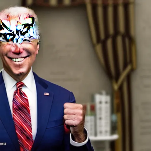 Image similar to joe biden with chiclets in the place of his teeth, his eyes have flames in them, the flames are red and menacing, photorealistic, 5 0 mm,