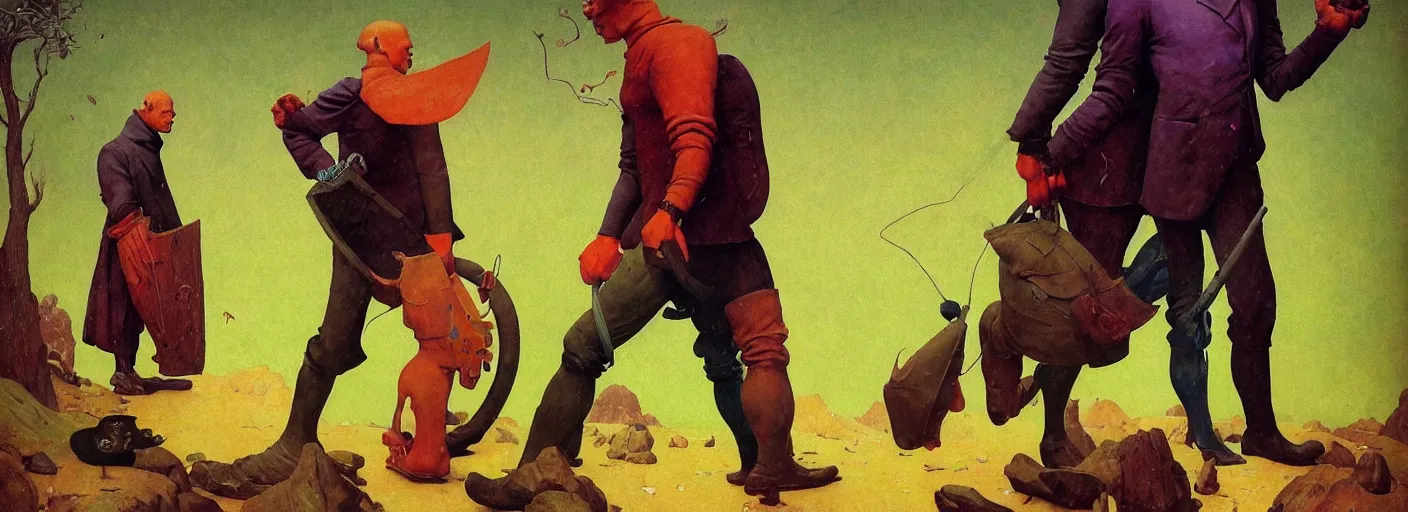 Image similar to full - body portrait surreal colorful clay fighting artstation rpg gentleman character concept art anatomy, action pose, very coherent and colorful high contrast masterpiece by norman rockwell franz sedlacek hieronymus bosch dean ellis simon stalenhag rene magritte gediminas pranckevicius, dark shadows, sunny day, hard lighting, reference sheet white! background
