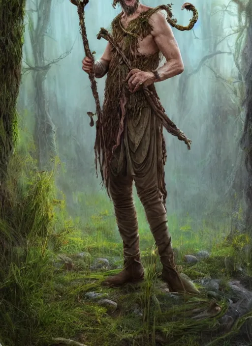 Image similar to a relaxed male middle aged druid in a sleeveless west, short brown hair, stringy, wielding a long staff which is covered in moss, full body, 8 k, hyperrealistic, hyperdetailed, fantasy portrait by laura sava