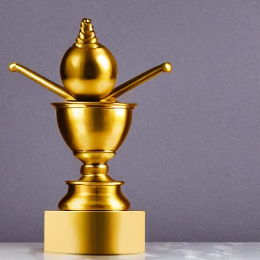 Image similar to golden snail award trophy on top of a marble pillar, white background, soft lighting