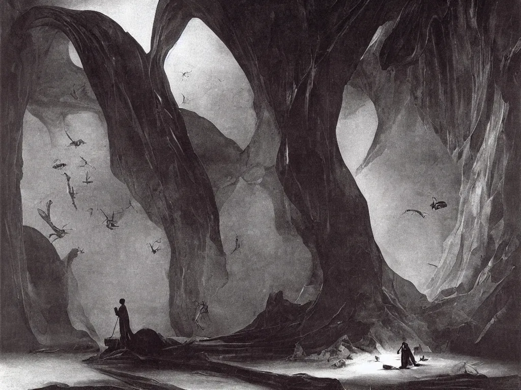 Prompt: Strange with giant hypnotizing moth wings at the entrance of a cavern on an alien planet. Thick gothic cathedral smoke. Surreal, melancholic. Painting by Caravaggio, Caspar David Friedrich, Yves Tanguy