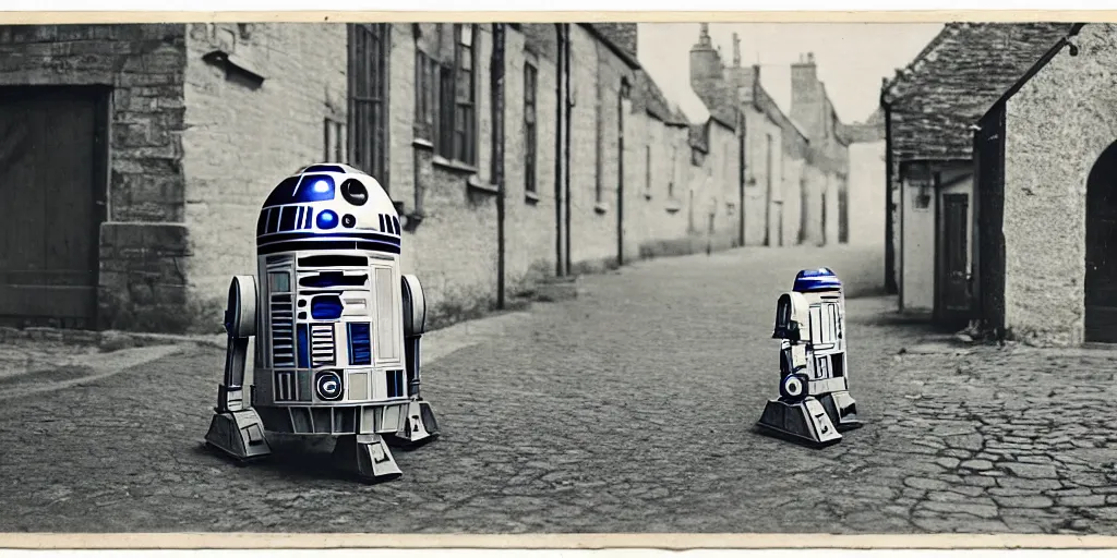 Image similar to vintage photo of a R2D2 on empty streets of 18th century England