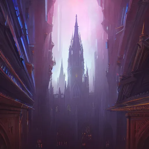 Image similar to infeior Gothic architecture,concept art, digital painting, style of jordan grimmer, warm lighting, futuristic, volumetric lighting, view from below, vivid colours, bright, nighttime, godrays, high detail,-H 1024