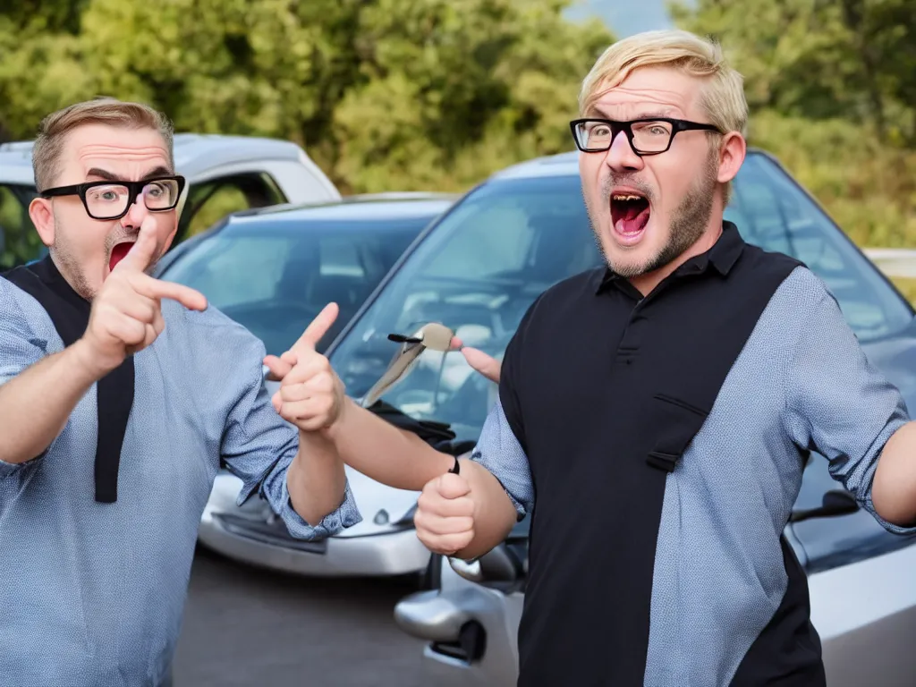 Prompt: middle aged man with glasses and short blonde hair shouting at a Toyota Yaris