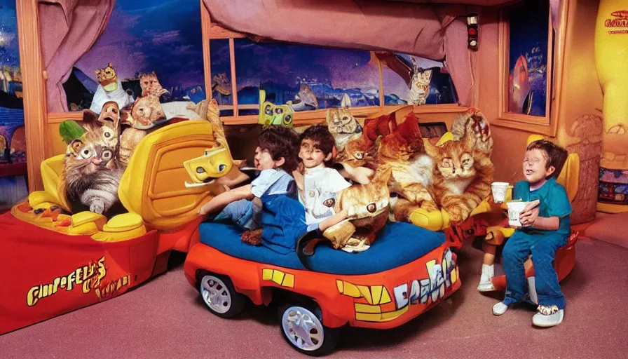 Image similar to 1990s photo of inside the Garfield's Wild Dream ride at Universal Studios in Orlando, Florida, children riding a box with a blanket, with Garfield the cartoon cat, through Jon's living room filled lasagna, coffee cups, and a big lava lamp, cinematic, UHD