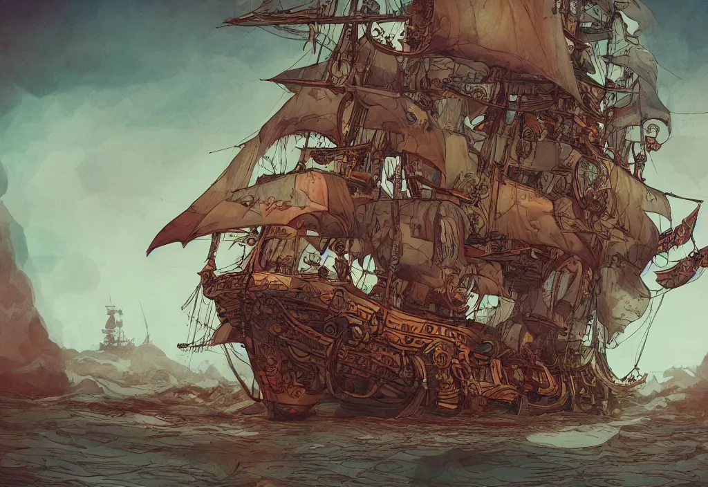 Image similar to handmade illustration of a cartoonish pirate ship, line art, ink, watercolor by Kilian Eng and by Jake Parker, winning-award masterpiece, fantastic, octane render, 8K HD Resolution, High quality image