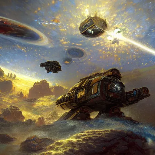 Prompt: the 40K Universe as depicted by Frank Weston Benson and Thomas Kinkade, kinetic, high detail, artstation,