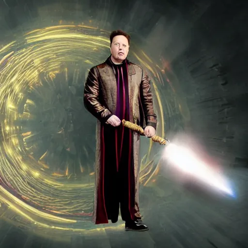 Image similar to Elon Musk wearing a wizard outfit and holding a magic staff, highly detailed, high quality, HD, 4k, 8k, Canon 300mm, professional photographer, 40mp, lifelike, top-rated, award winning, realistic, sharp, no blur, edited, corrected, trending