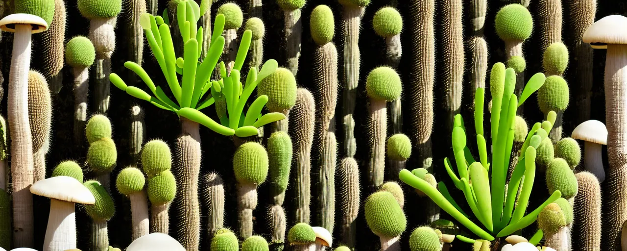 Prompt: mushroom-shaped electrostatic water condensation collector tower, irrigation, vertical gardens, cacti, in the desert, XF IQ4, 150MP, 50mm, F1.4, ISO 200, 1/160s, natural light