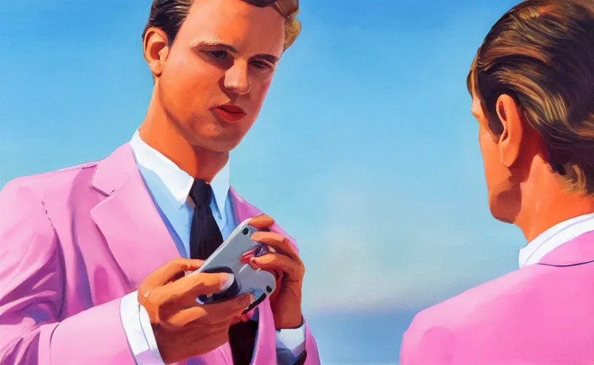 Prompt: photorealistic closeup on a yuppie with white suits and aviation glassen talking in a 8 0's cellphone. 8 0's style. beach and pink blue sky in the background