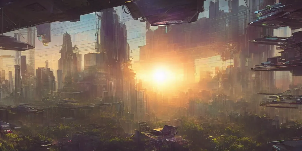 Image similar to a cinematic composition depicting : a translucid crystal - being viewing out of their window how a high tech lush solarpunk tribe with their technology is encroaching on a distant cyberpunk world at sunrise