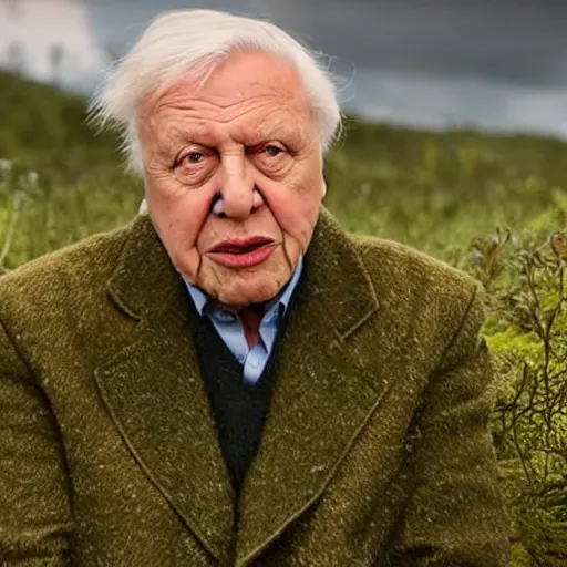 Prompt: Sir David Attenborough on a distant heavily vegetated planet, 4k, bbc documentary, natural history