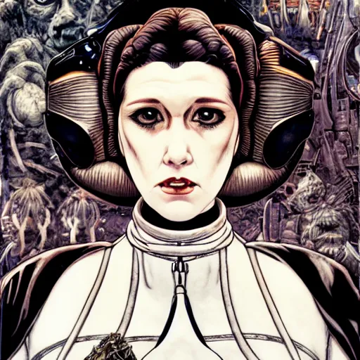 Image similar to portrait closeup of crazy princess leia, symmetrical, by yoichi hatakenaka, masamune shirow, josan gonzales and dan mumford, ayami kojima, takato yamamoto, barclay shaw, karol bak, yukito kishiro