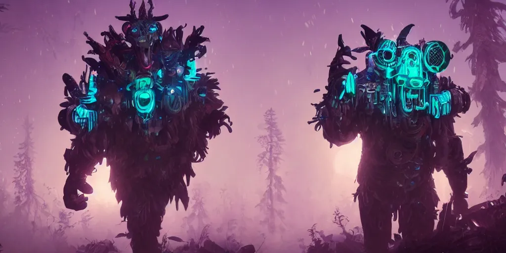 Image similar to gamekeeper hunting for mystical forest monster and wearing a steampunk and neonpunk mechanical fluorescent mystical animal mask realism in style of fornite game. bio luminescent, plasma, ice, water, wind, creature, artwork by tooth wu and wlop and beeple and greg rutkowski, epic cinematic shot, perfectly defined features, ambient occlusion