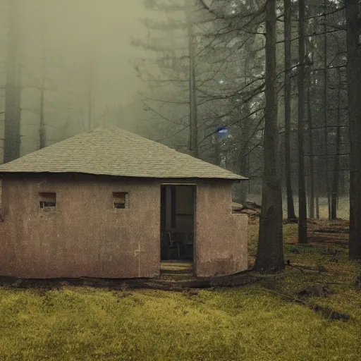 Image similar to film still of a military compound with 2 barracks during ww 2 in the forest, trenches dug around the perimeter, filmgrain, zeiss lens, redshift, octane, foggy diffused lighting