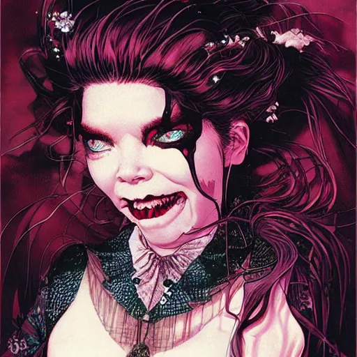 Prompt: portrait of crazy beautiful singer bjork as vampire, ymmetrical, by yoichi hatakenaka, masamune shirow, josan gonzales and dan mumford, ayami kojima, takato yamamoto, barclay shaw, karol bak, yukito kishiro