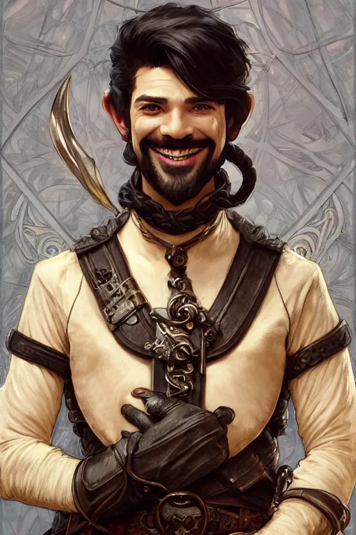 Image similar to portrait of a grinning male thief, looking at camera, D&D, leather armor, very short dark hair, intricate, elegant, stylish, cute smile, fantasy, extremely detailed, digital painting, artstation, concept art, smooth, sharp focus, illustration, ambient lighting, art by artgerm and greg rutkowski and alphonse mucha and simon stalenhag