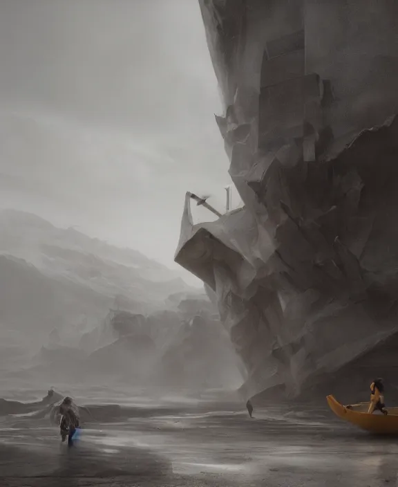 Image similar to surreal epic, masterpiece, romantic prometheus horizontal white exploration base, ochre ancient palette, building architecture by ruan jia, futuristic, blame, white architecture in the beach in iceland, foggy, highly detailed, digital painting, arstation, concept art, hyperealistic octane render, unreal engine