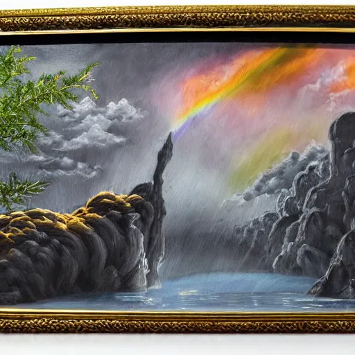 Image similar to highly detailed oil painting of a rainbow hotspring within dark grey cavern, black dragon sitting in the middle