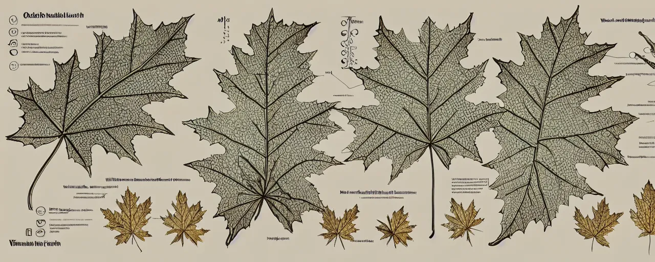 Image similar to a full page schematic diagram illustration of an hybrid between oak leaf and wine leaf, ultra detailed, 4 k, intricate, encyclopedia illustration, fine inking lines