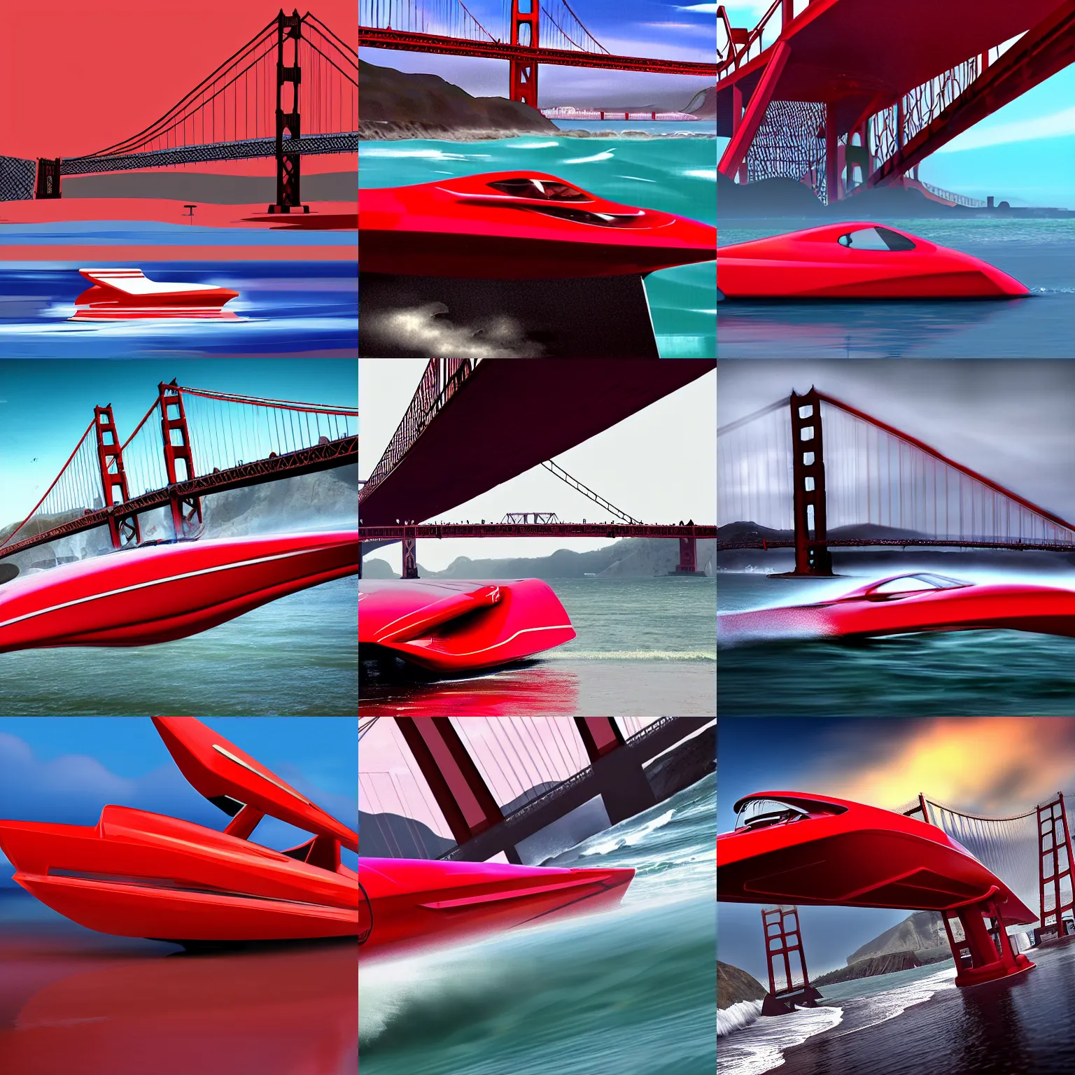 Prompt: concpet art featuring a futuristic red speedboat in the style of a ferrari at golden gate park. bridge in background. fine detail. surf. this 4 k hd image is trending on artstation, featured on behance, well - rendered, extra crisp, features intricate detail, epic composition and the style of unreal engine.