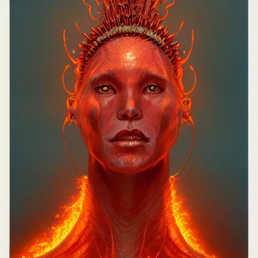 Image similar to A stunning portrait of a goddess, her body made of flames, by Wayne Barlowe and Jim Burns, 8K UHD, intricate, fantasy, Trending on artstation.