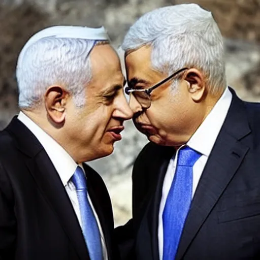 Image similar to Benjamin Netanyahu and Mahmoud Abbas kissing on the mouth, photojournalism photography