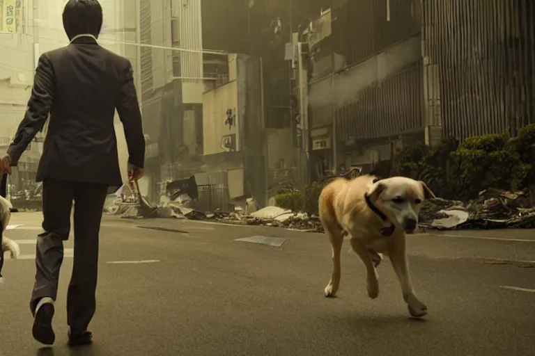 Image similar to cinematography action movie closeup portrait of a Japanese business man carrying his dog running from an explosion in Tokyo by Neil blomkamp