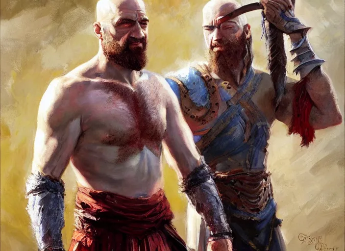 Prompt: a highly detailed beautiful portrait of saul goodman as kratos, by gregory manchess, james gurney, james jean