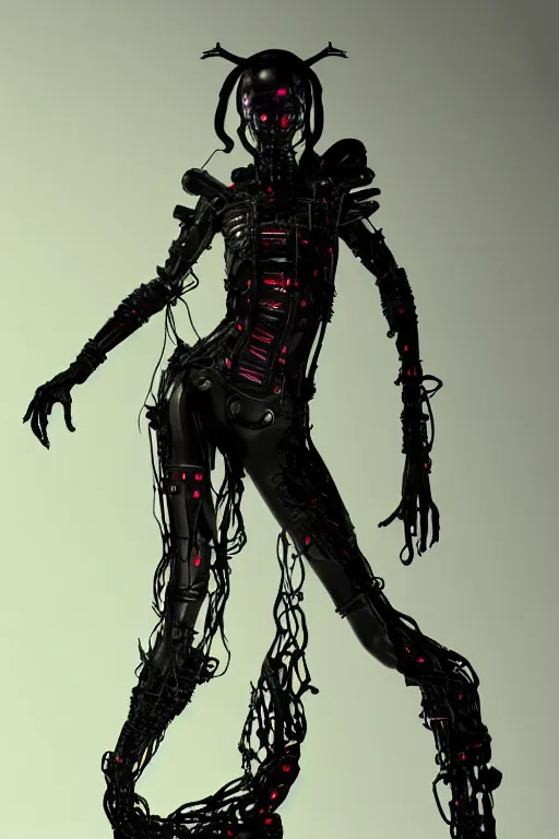 Image similar to full-body cyberpunk style sculpture of a young beautiful dark priestess, half android with a head opening exposing circuitry, glowing red eyes, black roses, flowing blood-red colored silk, fabric, candles. baroque elements. human skull. full-length view. baroque element, intricate artwork by Caravaggio. crows flying in background. Trending on artstation. octane render, cinematic lighting from the right, hyper realism, octane render, 8k, depth of field, 3D