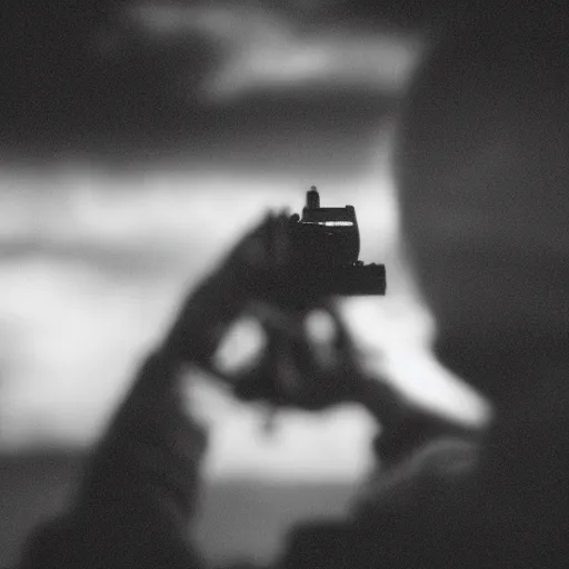 Image similar to An atmospheric close up photo of A man sticking a gun in the camera, bokeh, hard grain film, masterpiece