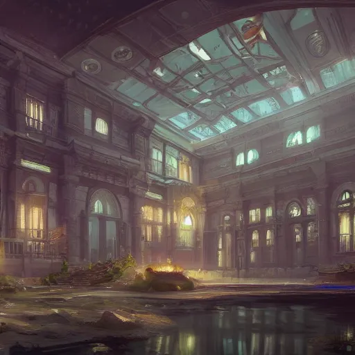 Image similar to futuristic old manor, crisp, artstation, luxury, beautiful, dim painterly lighting aquatic, 3 d concept art