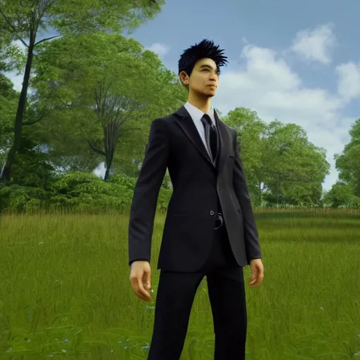 Prompt: a handsome young man in a in a magical field, detailed face, wearing a black suit, piercing gaze, final fantasy cutscene, in the style of Yoshitaka Amano, moonray render, ray tracing —H 640