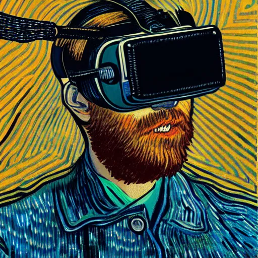 Image similar to Illustrated by Shepard Fairey and H.R. Geiger | Cyberpunk VAn Gogh with VR helmet, surrounded by cables