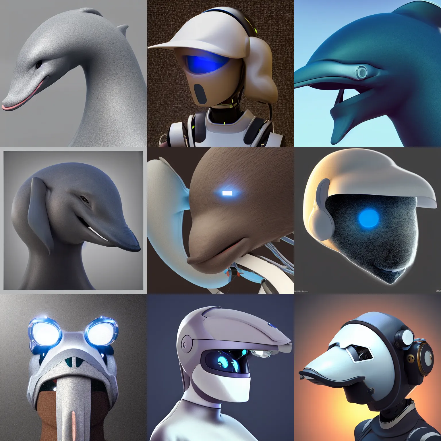 Prompt: very very beautiful furry art, bust profile picture of a robotic anthro bottlenose dolphin, visor screen for face, truncated round snout under visor, commission on furaffinity, cgsociety, octane render